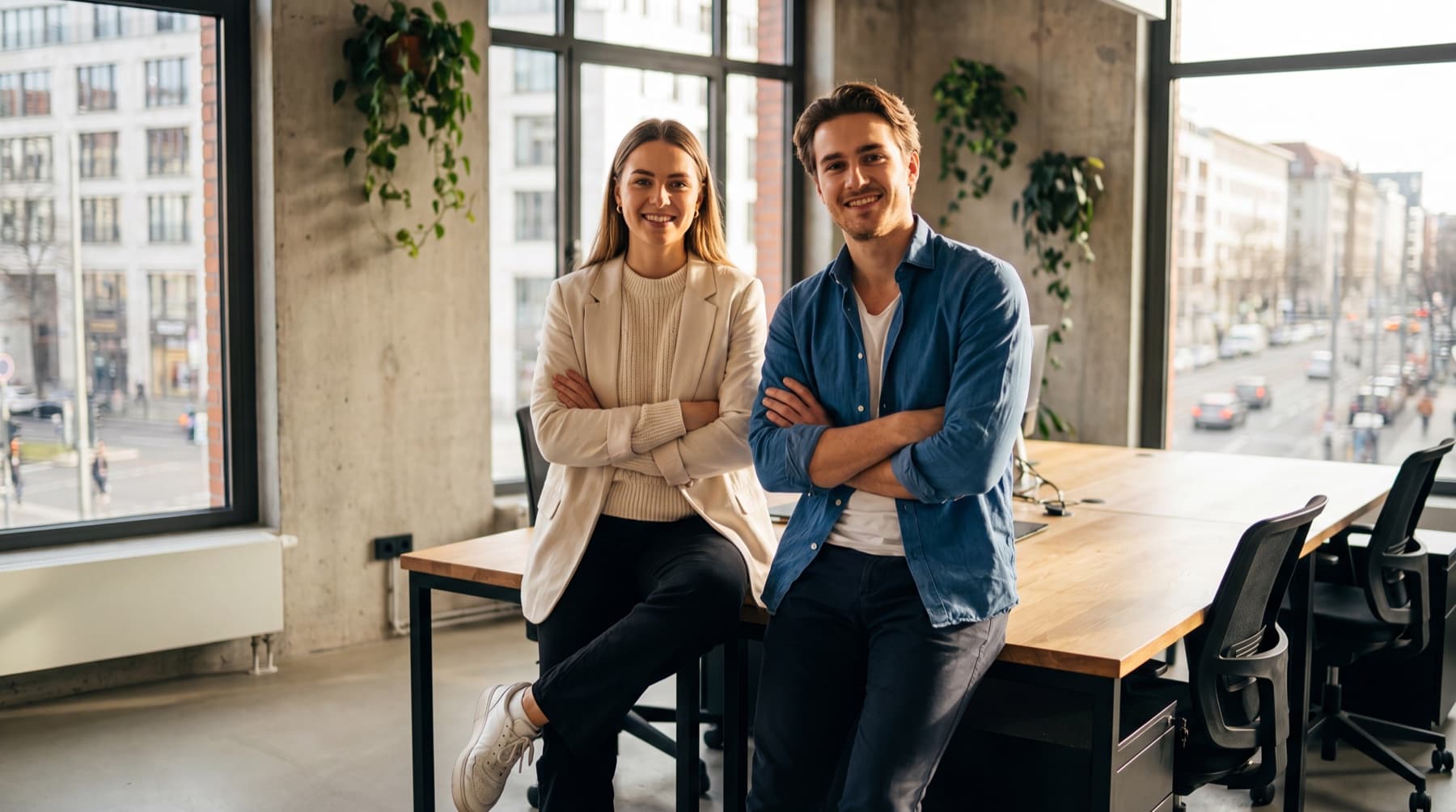 Zwei Personen im modernen Büro — professionelles Sales-Team